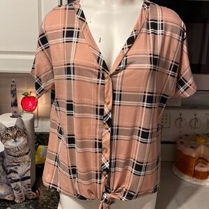 O womens Above and Beyond casual stretch button up cap sleeve shirt XL